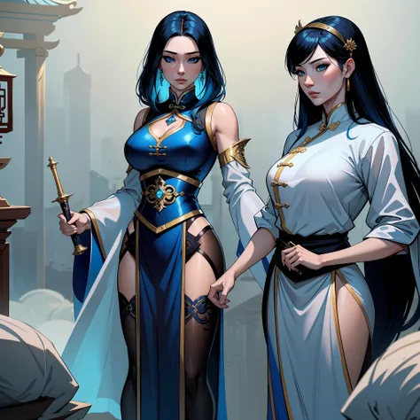 a close up of a short woman in her 30s, with blue eyes and ocean blue hair, wearing a blue and black gown dress, a chinese empress with blue eyes, female swordswoman, chinese princess, standing in a chinese temple, new costume concept design, in the style ...