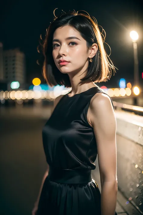 （8K分辨率，Rembrandt style expression of light and shadow, Dark tone, (low tune, High differential color levels), ((Depth of field)), deepshadow, Dynamic Angle, From the side Side, fully body photo, (City lights, The background is blurred out)），（1 female，（s de...