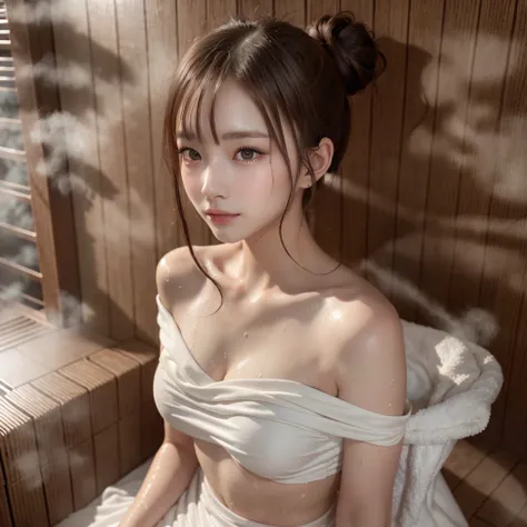 ((Top Quality, 8k, Masterpiece: 1.3)), Beautiful Woman, 1 Woman, small breasts:1.3, Slender Figure: 1.1, Toned Abs, Dark Brown Hair, (sauna, Wet Body), (white big size towel dress strapless:1.1, off shoulders), Ultra Detailed Face, Detailed Lips, Detailed ...