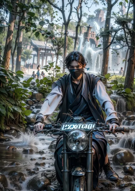 Imperial water，Surrounded by water jets，Splashes in the air，1boys，8K，Realiy，Man standing，Surrounded by water jets，The legend of Xianxia，Fantasy world，Xia customer service appeared，Handsome face，Look straight ahead，intricately details，tmasterpiece：1.2，best ...