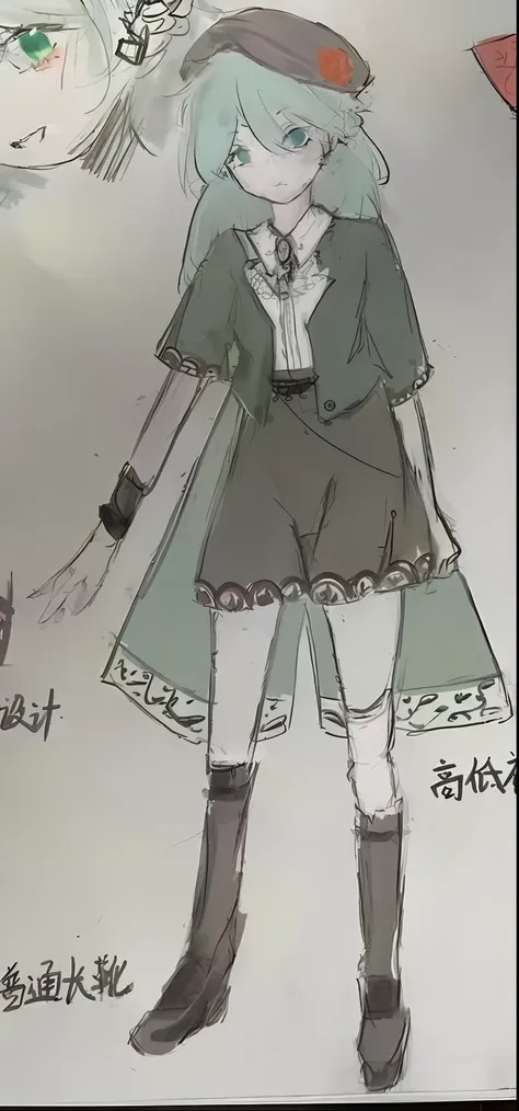 There is a painting，It depicts a woman wearing a green coat and boots, clear outfit design, clothing design, , detailed full-body concept, full-body xianxia, anime concept art, Shoujo manga character design, full body detailing, detailed full body concept ...