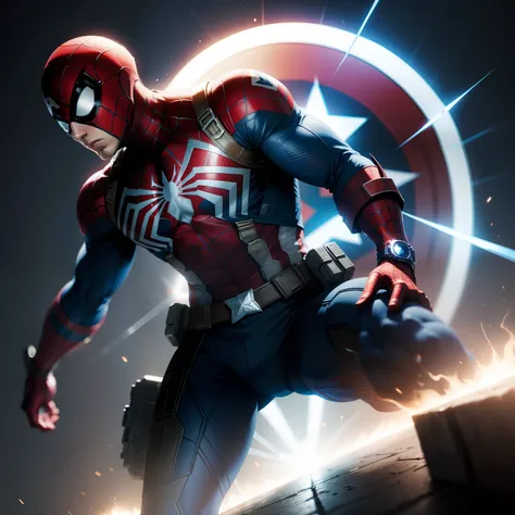 Captain America joint Spider man futuristic look, lights background cool pose