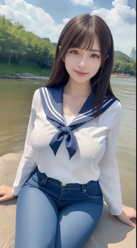 a pregirl，Large breasts, ssmile, looking at viewert, sailor uniformm,skintight jeans, photore, realisticlying, Best quality at best, employee, 详细的脸, Sit on a large rock in the middle of the river, diffuselighting, depth of fields, Background bokeh