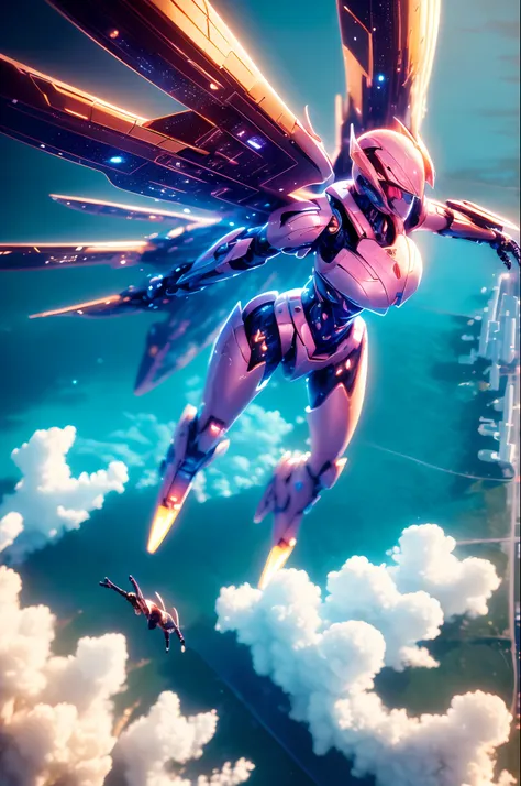 1girl, dramatic lighting, pink mecha,Honey Mecha,  full body, (flying in the sky:1.6),from above, far view,super wide shot, perspective depth,  depth of field, depth charge projector,