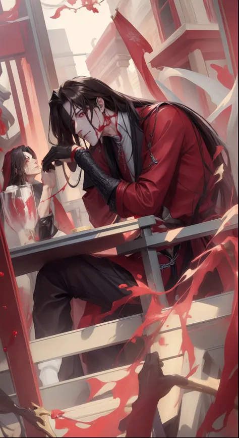 (masterpiece:1.4), (best quality:1.2), hua cheng, 1boy, male focus, eyepatch, chinese clothes, jewelry, long hair, blood on clot...