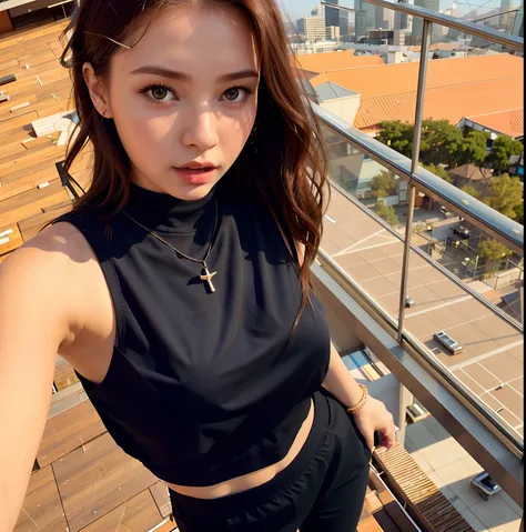 arafed woman in a black top and black pants standing on a balcony, she is wearing a black tank top, portrait sophie mudd, anna nikonova aka newmilky, style of julia razumova, sydney sweeney, instagram model, 18 years old, dasha taran, gorgeous lady, on a r...