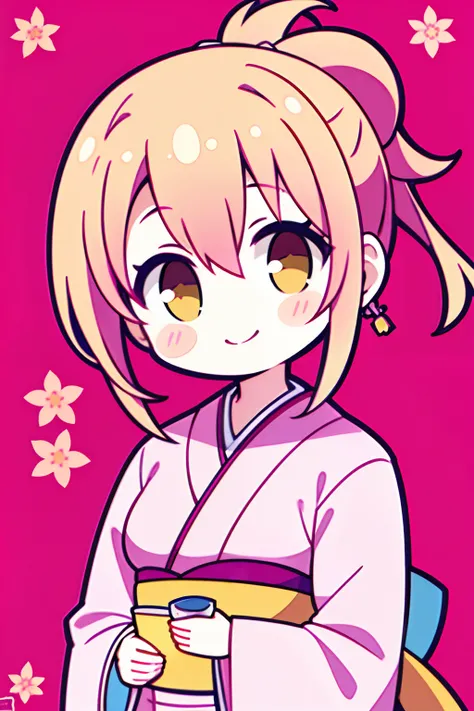 (Perfect picture quality:1.1),(masterpiece:1.1),(high quality:1.1),1 girl, SOLO, (wearing pink sakura gorgeous kimono:1.3), yellow hair, double ponytails on both sides, looking at the camera, smiling and doing a heartbeat, drinking tea, randomly tiled lovi...