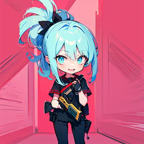 "high quality, high res, 8k, masterpiece, 1girl, light cyan hair, long pants, ponytail, crazy expression, yandere, crazy smile, gun in hand"