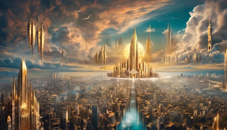 pintura de uma cidade com um castelo cercado por anjos voando ao redor, Cidade Empiriana, reino divino dos deuses, utopian city, gold gates of heaven!!!!!!!!, esoteric equation heaven, heaven on earth, breathtaking art, breath-taking, floating city in the ...