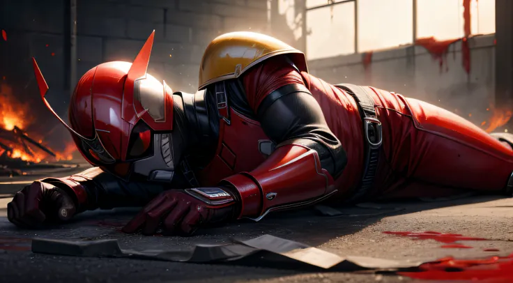 Half-lying on the ground was an injured man，He wears red armor，Spit blood in the mouth，Be covered in blood，There are small flames burning around，The urban environment is destroyed，Kamen Rider style，high high quality，High picture quality，A high resolution，H...