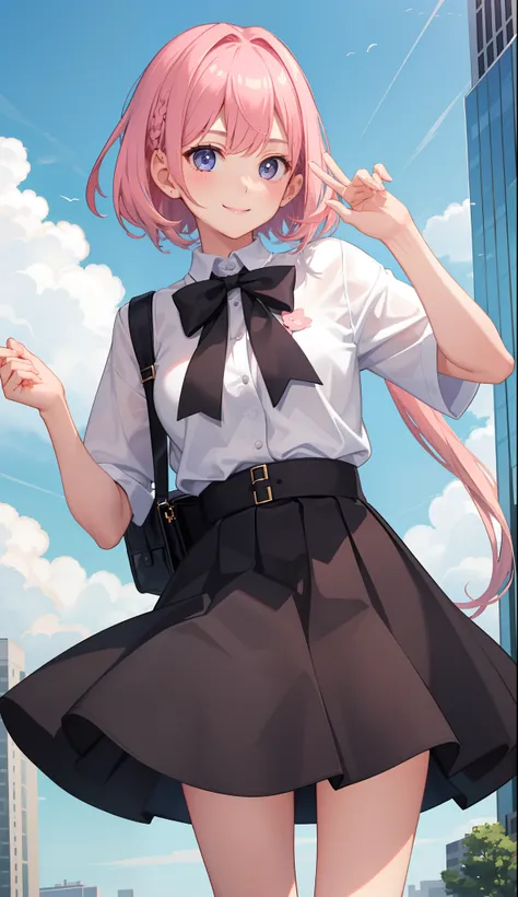 1girl in、A smile、A delightful!　The shirt、skirt by the、Pink hair（small tits）