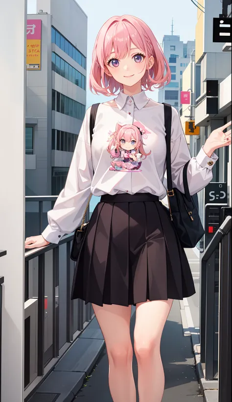 1girl in、A smile、A delightful!　The shirt、skirt by the、Pink hair（small tits）