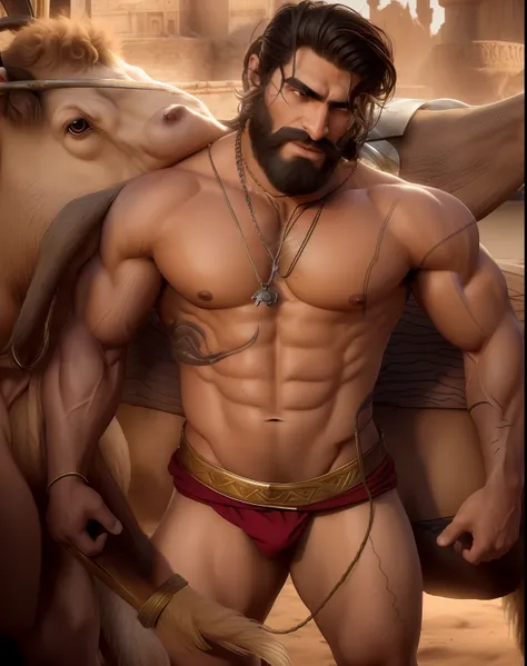 arafed man with a beard and a necklace standing next to a cow, handsome prince of persia, sexy masculine, masculine and strong, muscular male hero, heroic masculine pose, male warrior, attractive beefy male with armor, male art, muscular male, handsome stu...