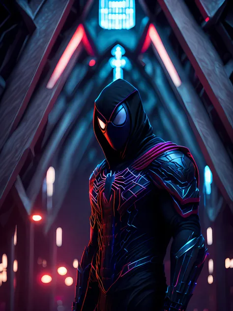 grim portrait of Spider-Man Noir from Marvel Comics with intricate angular cybernetic implants inside a brutalist building, gothic brutalist cathedral, cyberpunk, award-winning photo, bokeh, neon lights, cybernetic limb