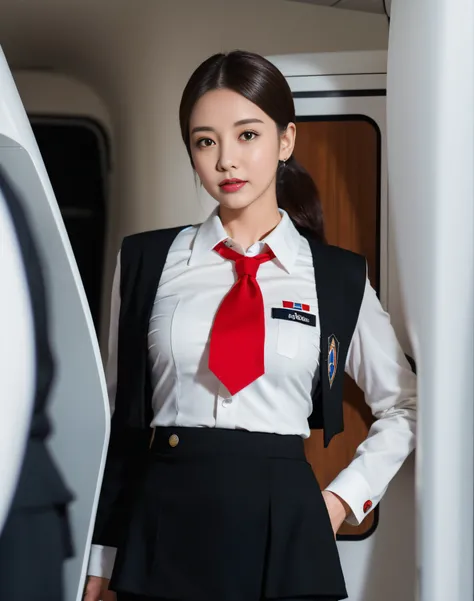 Solo，RAW photo, (8K, Best quality: 1.2), (Masterpiece, Photorealistic: 1.3), Super detail, Anatomically correct, Facing the camera，A flight attendant in her 20s, Long black ponytail, Red lips, White uniform, Blue skirt, black pantyhoses, In the cabin of th...