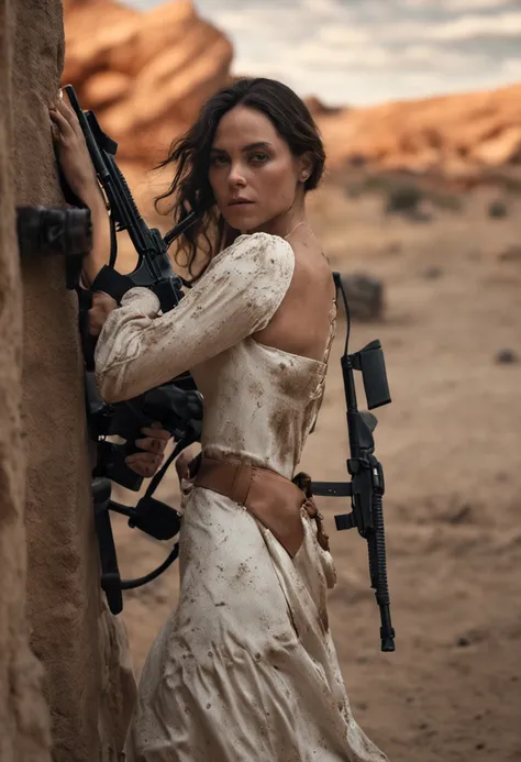 Mexican cartel sicario with flamethrower and with a young white woman dead in a wedding dress slumped over her shoulder