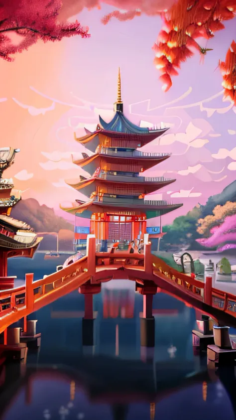 Scenery of the pagoda and the bridge in the lake in the anime, background artwork, Rosla global lighting, Onmyoji detailed art, digital painting of a pagoda, arte de fundo, colorful anime movie background, Stylized concept art, dreamy Chinese towns, G Liul...