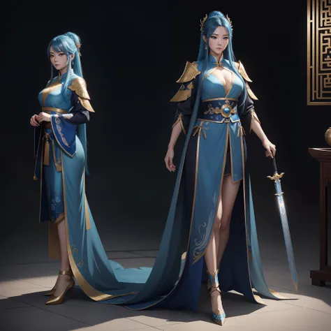 a close up of a short woman in her 30s, with blue eyes and ocean blue hair, wearing a blue and black gown dress, a chinese empress with blue eyes, female swordswoman, chinese princess, standing in a chinese temple, new costume concept design, in the style ...