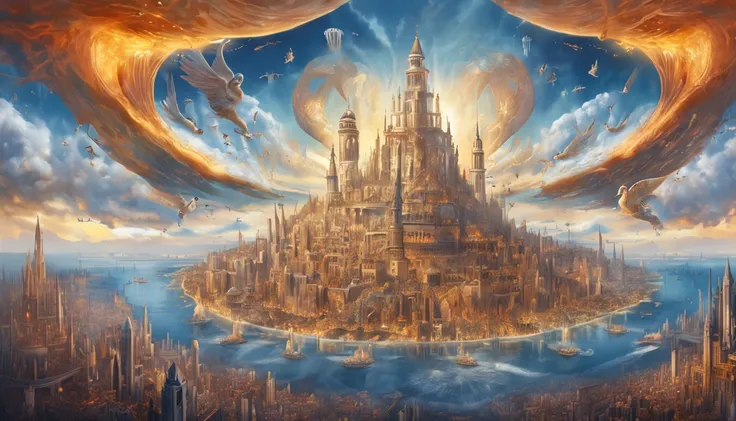 painting of a city with a castle surrounded by angels flying around, Empyrean City, divine realm of the gods, Utopian City, Golden Gates of Heaven!!!!!!!!, divine illumination, esoteric equation heaven, Heaven on Earth, breathtaking, breathtaking art, Floa...