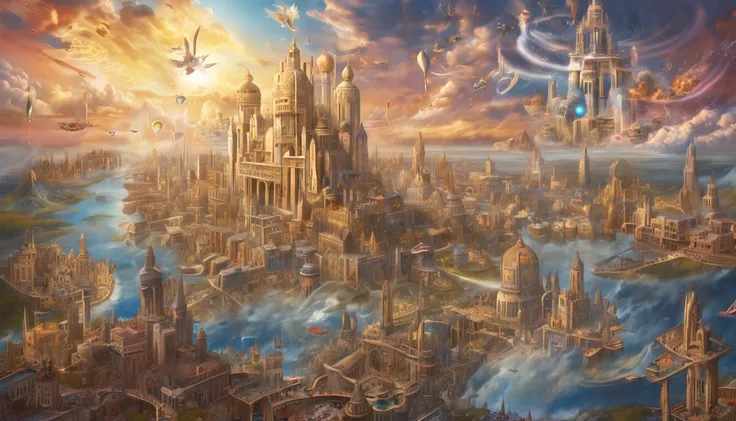 painting of a city with a castle surrounded by angels flying around, Empyrean City, divine realm of the gods, Utopian City, Golden Gates of Heaven!!!!!!!!, divine illumination, esoteric equation heaven, Heaven on Earth, breathtaking, breathtaking art, Floa...