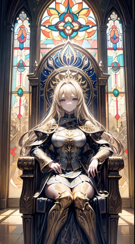 A blonde girl in golden armor. She is seated on a luxurious throne. Behind her is a beautiful, huge stained glass window. The stained glass shines beautifully in the light.(masterpiece:1.2), (illustration), (best quality:1.2), (best aethetic:1.1), (beautif...