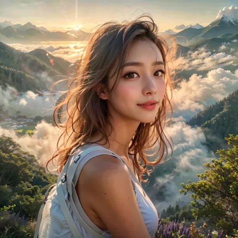 (Best Quality, hyper realistic:1.2), Magnificent mountain, sea of clouds, A clear sky, Fantastical, A woman watching the sunset, go pro,  ((UPPER BODY)), white t-shirts, Trekking shorts, trekking boots, rucksack,  (ultra delicate face, ultra Beautiful fece...