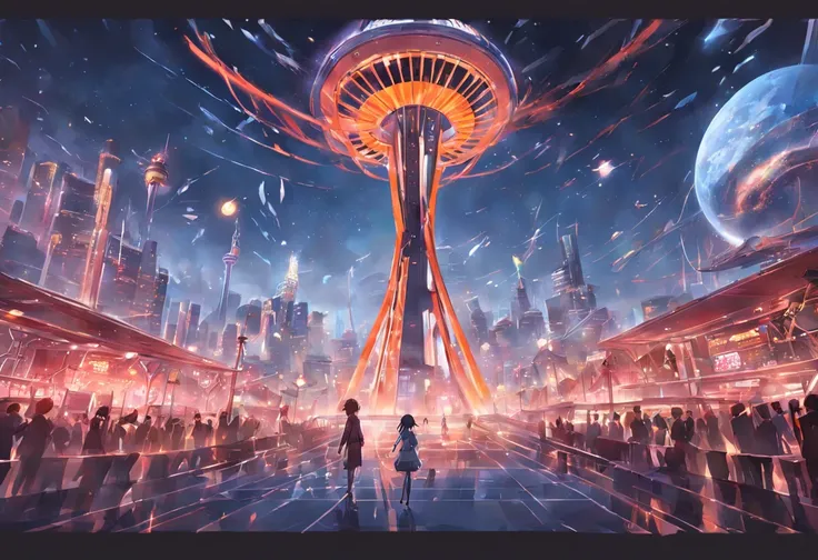 a picture of the space needle and the space needle, a digital rendering by Sōami, behance contest winner, vorticism, official art, reimagined by industrial light and magic, anamorphic lens flare