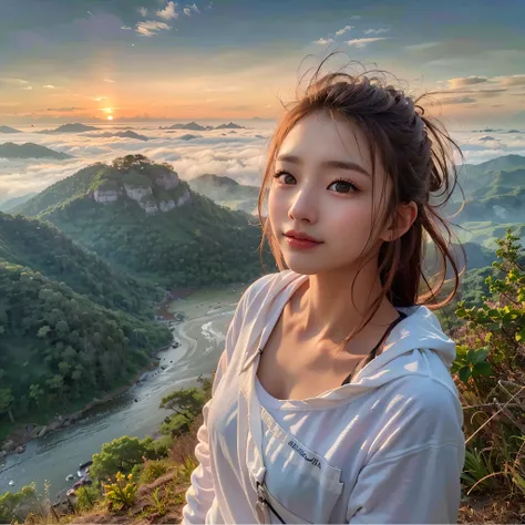 Naturescape photography, (Best Quality, hyper realistic:1.2), (Very detailed scenery), Magnificent mountain, sea of clouds, A clear sky, Fantastical, A woman watching the sunset, ((upper body)), (white t-shirts, Trekking shorts, trekking boots, rucksack), ...