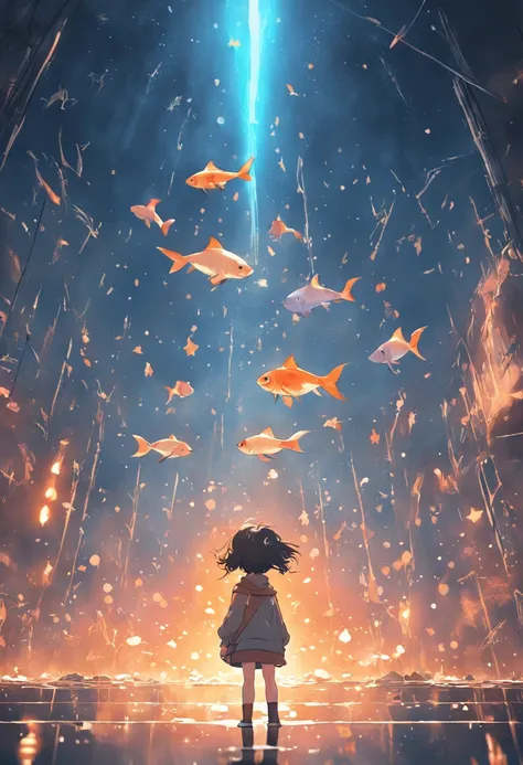 Stars shine，Colorful，Huge goldfish float over the city，Huge tail，Cute and cute，KIDS ILLUSTRATION，Glow effects，Dingdall effect，depth of fields，high light，Real light，Ray traching，oc rendered，Hyper-realistic，best qualtiy，8K，Works of masters，super-fine，Detaile...