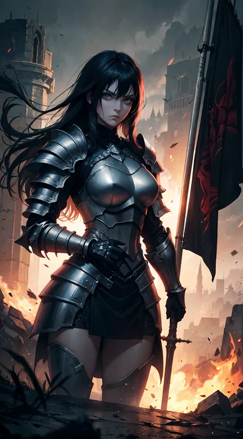 masterpiece, best quality, ultra high res, beautiful, visually stunning, elegant, incredible details, Royal Knight, holding the flag of the kingdom, award-winning painting, dark, gothic fantasy, very muscular woman in a knight armor, ((dark atmoshphere)), ...