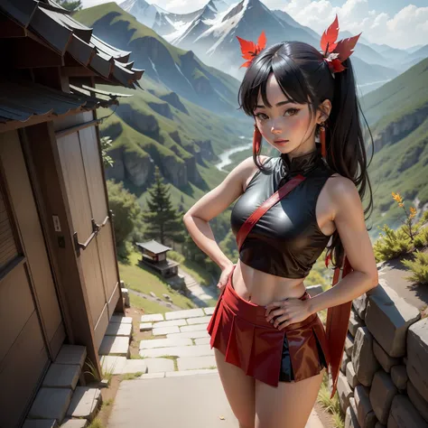 A woman with the image of a tengu（Black sleeveless、Red mini skirt、Takageta）、Leaf Fan、Standing in the mountains in the evening