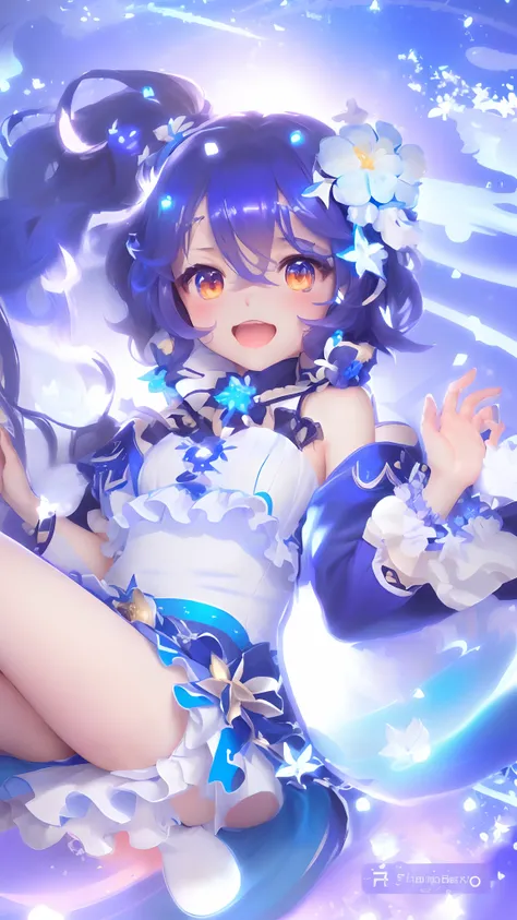 Anime girl in blue and white dress and flowers in hair, splash art anime loli, Ahegao, Ayaka Genshin Impact, beautiful celestial mage, official artwork, hololive, small curvy loli, shadowverse style, shikamimi, 8K!!, Moon Riyasu, Granblue Fantasy, anime go...