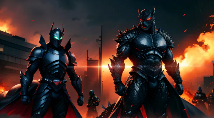 Two men in black armor lead the army of monsters，The eyes glow red，Behind stood a line of Godzillas army，There are small flames burning around，The urban environment has been destroyed，Kamen Rider style，high high quality，High picture quality，A high resoluti...