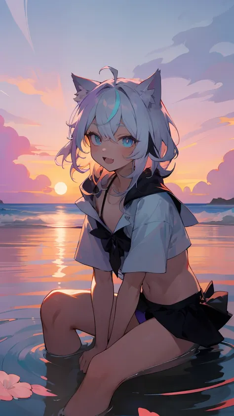 Obra-prima，Cute short boy sitting，Cat ears，fang，Detailed eyes，Two-Tone eyes，Purple turquoise gradient eyes，Rippled hair，White hair，Hair is pure white and fluffy，Flowers decorate bikinis，Ruffles，exteriors，horizon，Skysky，the ocean，water world，Wavy，ripples，th...