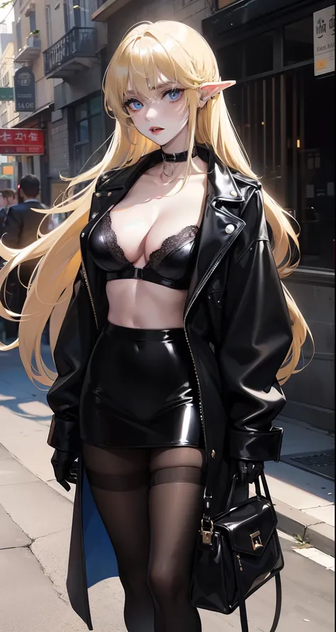 one woman, pale skin, blue eyes, eyebrows, nose, mouth, lips, ears, long blonde hair, choker, open shiny black jacket, shiny black glued bra, shiny black tights, standing, beautiful day, on the street, floor