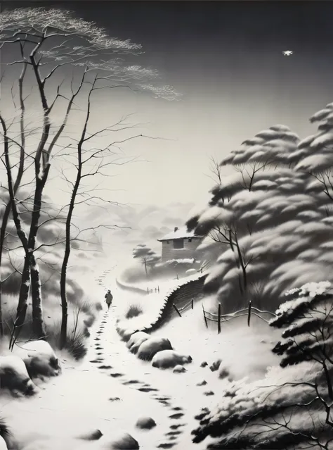 Image of Alphad of a man walking on a snowy road, inspired by Franz Sedlacek, author：Shen Shizhen, korean artist, author：Yi Renwen, inspired by Yeong-Hao Han, inspired by Grzegorz Domaradzki, inspired by Kim Hong-do, inspired by Byeon Sang-byeok, inspired ...