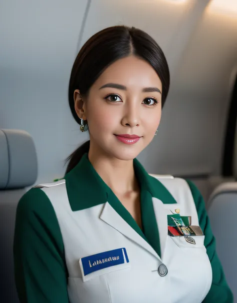 Solo，RAW photo, (8K, Best quality: 1.3), (Masterpiece, Photorealistic: 1.3), Super detail, Anatomically correct, Facing the camera，Japanese flight attendant in the 20s, Emerald earrings, grey uniform, Black pantyhose, Aircraft cabin with seats