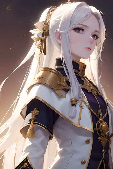 （tmasterpiece，top-quality，best qualityer，offcial art，Beauty and aesthetics：1.2），（Kizi：1.3），extremy detailed，rich colourful，highest details，s the perfect face，The upper part of the body，hdr，（long  white hair：1.5）（white cloak golden lines：1.2），galaxias，（ligh...