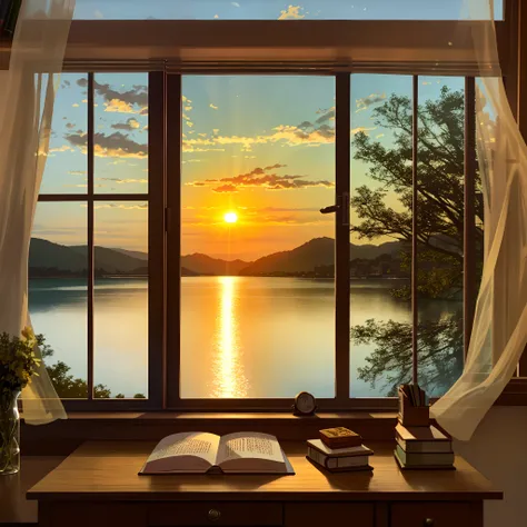 Study desk，book，windowsill，the setting sun，lake water