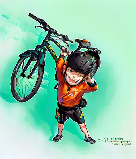 cartoon of a boy holding a bike on his shoulders, cycling!!, biker, charicature, cel shaded!!!, digitally colored, chibi, riding a bike, drawn with photoshop, wallpaper!, rides a bike, [ digital art ]!!, cute boy, happy kid, with a happy expression, kid, b...