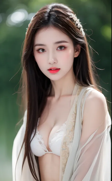 ((Best Quality, 8k, Masterpiece: 1.3)), Focus: 1.2, Perfect Body Beauty: 1.4, Buttocks: 1.2, ((Layered Haircut)), (Wet Clothes: 1.1), (Rain, Street:1.3), (Breasts: 1.2), (Hanfu: 1.2), Bare Shoulders, Bare Legs, Highly Detailed Face and Skin Texture, Fine E...