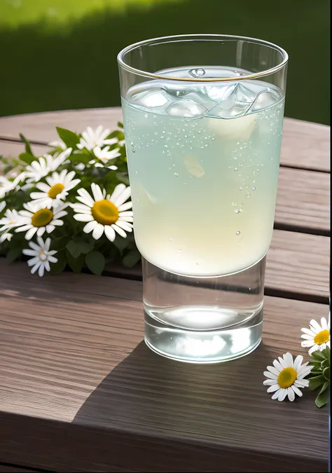 A glass with drops of water filled with carbonated drinks, translucent liquid, ice cubes, bubbles, a floral crown of daisies and lavender on picnic tablecloths, midday outdoor lighting, open air, natural background, summer day, hot weather, high detail, ve...