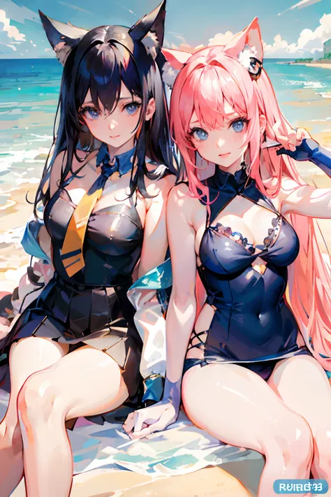 Anime character sitting on the beach against blue sky background, two beautiful anime girls, Anime Girls, Wallpaper Anime Blue Water, anime moe art style, anime style 4 k, 4k anime wallpaper, Seductive Anime Girl, artgerm and atey ghailan, wlop and sakimic...