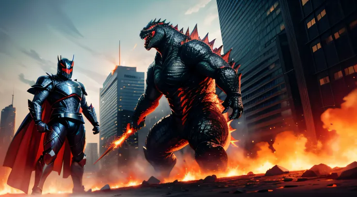 Two men in black armor lead the army of monsters，The eyes glow red，Behind stood a line of Godzillas army，There are small flames burning around，The urban environment has been destroyed，Kamen Rider style，high high quality，High picture quality，A high resoluti...