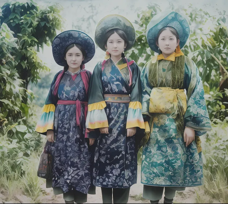 Three women dressed in traditional costumes pose for a photo, Hands - colored, coloured photo, coloured photo, a color, coloured photo, coloured photo, old color photo, auto shading, old color photo, vintage color photo, a color, Award-winning automatic co...