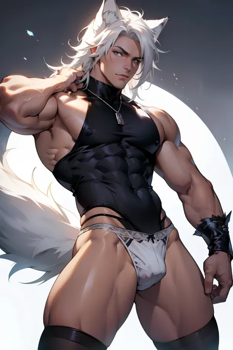 Muscular male wearing panties and thigh high socks, has flowing white hair, has wolf ears, has wolf tail, wearing lingerie