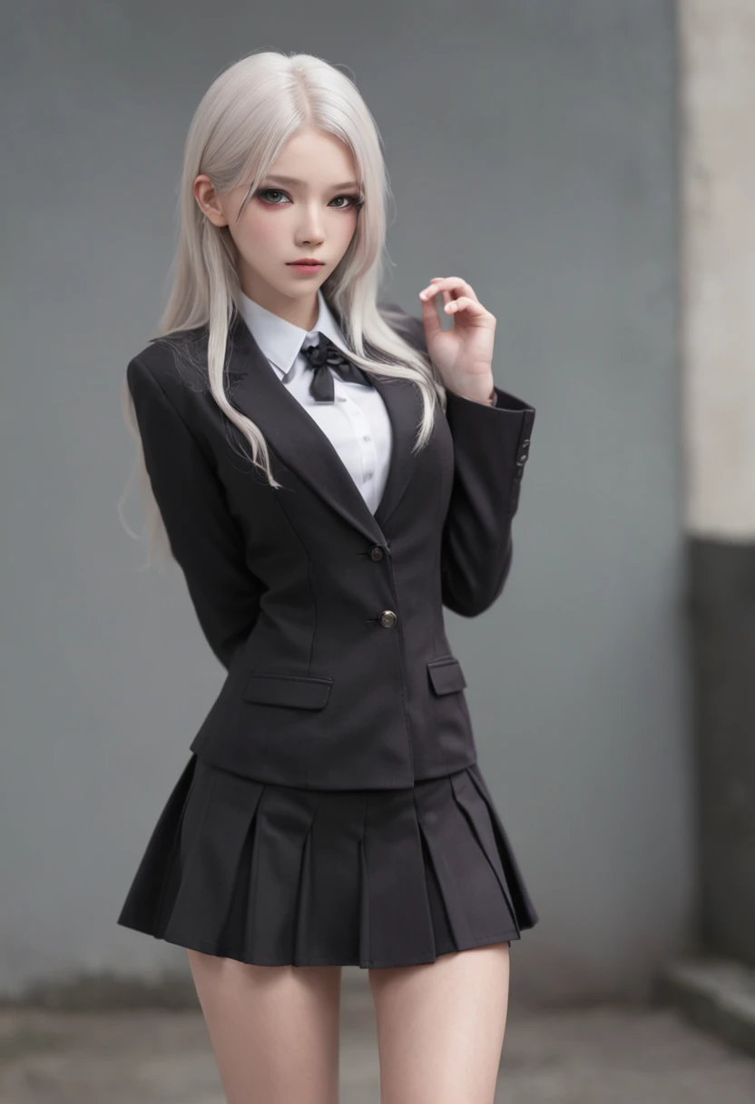 Realistic, 1girll, ((full bodyesbian)), Sexy,Pretty face, White hair, Purple eyes,Sexy legs,(school uniform), Black high heels,Black school uniform, (Black skirt), parted lip, Blush, Night, Possessed, 耳Nipple Ring,