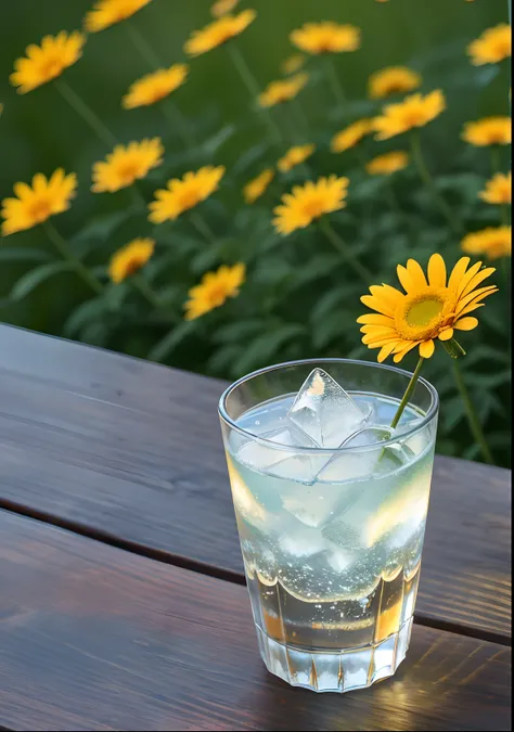 A glass with drops of water filled with carbonated drinks, translucent liquid, ice cubes, bubbles, a floral crown of daisies and lavender on picnic tablecloths, midday outdoor lighting, open air, natural background, summer day, hot weather, high detail, ve...