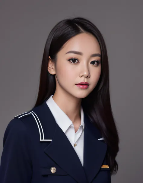 Solo，RAW photo, (8K, Best quality: 1.2), (Masterpiece, Photorealistic: 1.3), Super detail, Anatomically correct, Facing the camera，Young woman flight attendant in 20s, long dark hair, plum lips, navy blue pencil skirt, black pantyhose