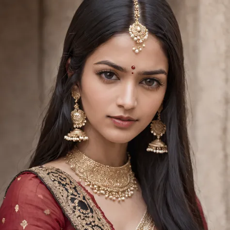 "A young woman with fair complexion, originating from India, is portrayed in meticulous detail in this frame. She has beautiful, long, black hair, round black eyes with intricate details, and nicely shaped lips. She has a cute and slightly shy expression. ...